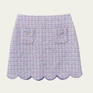 Self-Portrait Girl's Boucle Scallop-Trim Mini Skirt Pink Purple White Tweed